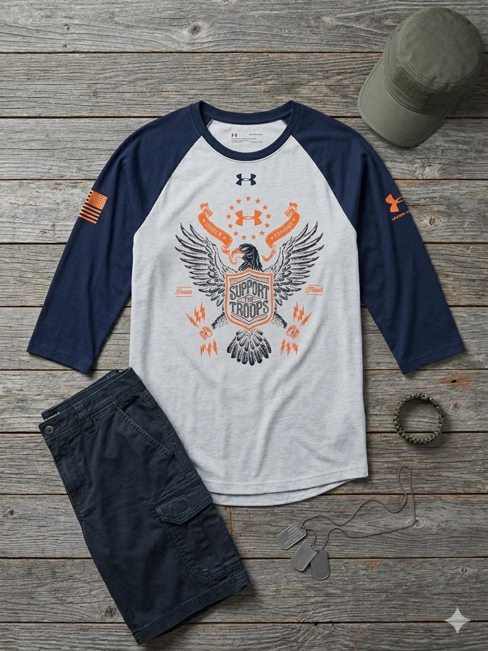 Under Armour White & Navy Raglan Tee with Orange Graphic